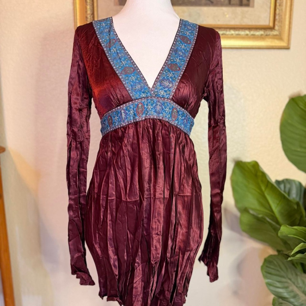 Vintage Y2K Deadstock Fairycore Whimsygoth Babydoll Empire Waist Burgundy Dress - Picture 3 of 8